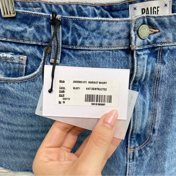 Paige Margot High Rise Distressed Raw Hem Denim Shorts In Kat Destructed NWT - Picture 11 of 15